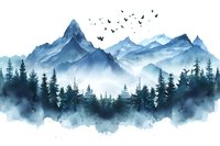 Misty mountain landscape with pine forest silhouettes and flying tones create atmospheric depth and layered perspective.