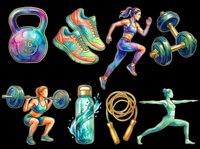 Watercolor fitness clipart set isolated on transparent background. Includes kettlebell, sneakers, dumbbells, water bottle, jump rope, and active women. Great for stickers, t-shirts, print on demand.