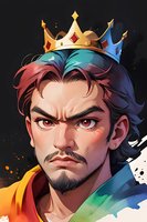 Young Asian male character with multicolored hair wearing golden crown against dark background. Stylized fantasy portrait features intense gaze, goatee, and dramatic color splashes.