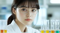 Young Asian female scientist in white lab coat and glasses conducting research with test tubes and laboratory equipment in modern medical facility background.