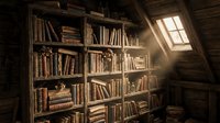 Rustic wooden bookshelf filled with old leather-bound books in atmospheric attic library with sunlight streaming through skylight window creating warm ambiance.