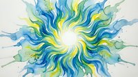 Radiant sun with flowing blue, yellow, and green watercolor waves radiating outward, creating dynamic energy and movement. Suitable for wellness, nature, and creative design projects.