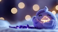 Cozy knitted winter hat with glowing mushroom embroidery against warm bokeh lights background creating magical holiday atmosphere for seasonal designs.