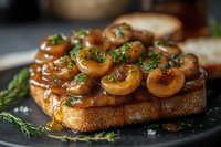 Sauteed mushrooms on toasted bread garnished with fresh herbs and caramelized sauce, served on dark plate. Close up food photography with selective focus.