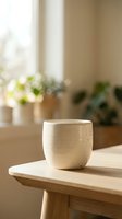 Handmade ceramic cup with natural texture on wooden table in bright sunlit room with potted plants, minimalist home decor and interior design styling.