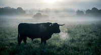 Black bull standing in misty meadow at dawn with fog rolling across pastoral landscape creating moody atmospheric farming scene.