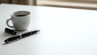 Minimalist workspace with white coffee cup and black pen on clean desk surface for business productivity and professional writing tasks.