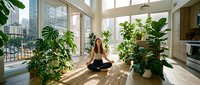 Young woman with long brown hair, sitting in lotus position on wooden floor in bright sunlit room surrounded by potted green plants, practicing yoga or meditation in modern apartment with large windows overlooking city.