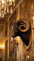 Ornate golden wall with black ram head sculpture featuring spiral horns, baroque architectural details, and crystal chandelier in luxurious palace interior design.