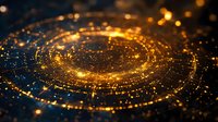 Glowing golden particles form spiral light trails against dark background, creating magical cosmic effect with sparkling bokeh and luminous energy waves.