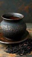 Rustic ceramic teapot with textured dark glaze sits on wooden saucer beside loose black tea leaves on weathered wood surface for traditional brewing ceremony.