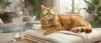 Orange tabby cat wearing cucumber eye mask relaxing on spa towels in wellness center with plants and natural light for self-care and relaxation concept.