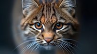 Wild tabby kitten with striking amber eyes and detailed fur markings against dark background for wildlife photography and nature designs.