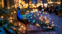 Majestic peacock with vibrant blue and green plumage displaying ornate tail feathers against warm golden bokeh lights creating magical evening atmosphere.