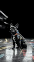 Black French bulldog wearing colorful collar sitting on wet urban street at night with dramatic lighting and road markings visible in background.