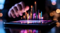 Glowing financial chart hologram rises from digital tablet screen with hand gesture interaction in dark setting with bokeh lights, showing market data analysis.