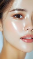 Close-up portrait showcasing glowing skin with dewy makeup, glossy coral lips, and natural brown eyeshadow highlighting Asian beauty and modern cosmetic trends.