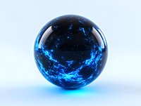 Glowing blue energy sphere with lightning-like patterns against dark background, mysterious cosmic glass ball with electric plasma effects inside.