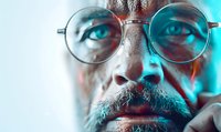 Close up portrait of mature bearded man wearing round glasses in dramatic lighting with blue and red color gels creating moody atmosphere.