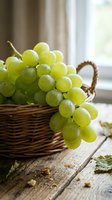 Fresh green grapes with water droplets in woven basket on wooden table near window with natural light, suitable for food and beverage marketing.