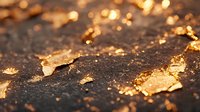 Scattered gold leaf flakes on dark textured surface with bokeh light effects create luxurious abstract background for elegant design projects and luxury branding.