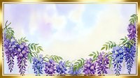 Watercolor wisteria flowers frame with golden border on soft gradient background. Floral botanical border design for invitations and spring decor.