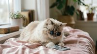 Fluffy long-haired cat wearing sunglasses relaxing on pink bedding near window with potted plants in background.