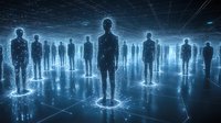 Glowing digital silhouettes of people standing in futuristic network space with light connections and grid floor, representing virtual community and technology.