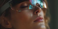 Close-up portrait of woman wearing futuristic smart glasses with holographic display reflection, showcasing advanced technology integration in everyday life.