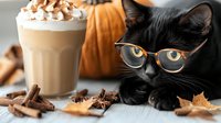 Black cat wearing glasses near pumpkin spice latte with whipped cream, cinnamon sticks and autumn leaves creating cozy fall atmosphere for seasonal design.