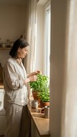 Woman in linen shirt tending potted herbs on sunny windowsill, caring for indoor plants in bright natural light for home gardening and wellness.