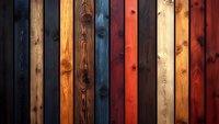 Colorful wooden planks in vertical arrangement showing natural grain texture and varied stains from dark blue to warm orange and red tones. Background pattern.
