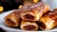 Flaky golden pastry rolls filled with sweet fig or date filling, dusted with powdered sugar, served on a white plate with bokeh lights.