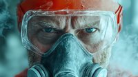 Close up portrait of medical worker wearing protective goggles and respirator mask with intense gaze against turquoise background with fog effect.
