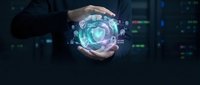 Businessman hands protecting digital shield with cybersecurity icons and data network background for technology protection concepts.