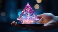 Glowing crystal pyramid emitting magical pink and blue light held in palm against dark background with bokeh lights, mystical energy concept for spiritual designs.