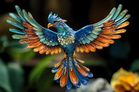 Majestic bird with spread wings in vibrant blue and orange plumage against dark background, ornate feather details and jewel-like patterns create magical fantasy effect.