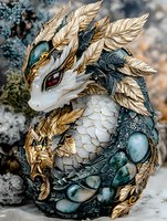 Mystical white dragon figurine with golden feathers and turquoise eggs nestled among detailed scales, featuring intricate fantasy artwork and ornate decorative elements.