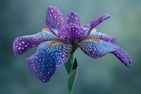 Purple and blue iris flower with delicate spotted petals covered in morning dew drops against soft green background, macro floral photography.