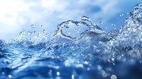 Dynamic water splash with crystalline droplets creating natural wave formation against blue sky, macro photography capturing motion and transparency of liquid surface.