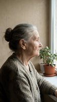 Senior woman with gray hair in bun, wearing knit cardigan, gazing out window with potted plant nearby. Contemplative portrait for aging, lifestyle, wellness, and senior living concepts.