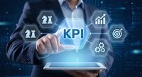Business professional touching KPI interface with performance metrics icons on digital tablet for corporate analytics and data management solutions.