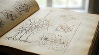 Ancient mystical grimoire with sacred geometry diagrams, occult symbols and esoteric knowledge illustrations on aged parchment pages for spiritual studies.