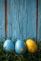 Decorated Easter eggs in blue and yellow colors nestled in fresh green grass against rustic weathered blue wooden background, creating festive spring atmosphere.