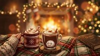 Cozy winter mugs with whipped cream and cinnamon sit on plaid blanket with twinkling lights and fireplace backdrop, perfect for holiday, seasonal, and beverage marketing.