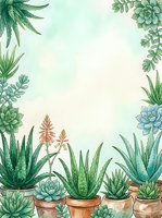 Watercolor succulent plants and aloe vera in terracotta pots creating decorative border frame on soft green background for botanical design projects.