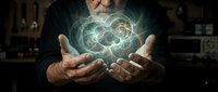 Elderly man with glowing brain hologram floating above open hands in workshop setting. Concept of knowledge, wisdom, artificial intelligence and innovation.