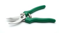 Pruning shears with green handles and stainless steel blades isolated on white background, ready for garden tool design, landscaping graphics, and horticultural illustrations.