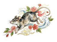 Illustrated mouse with pink flowers, decorative swirls, and water elements on isolated white background, suitable for design projects and clipart use.