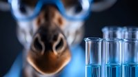 Laboratory scientist in protective goggles examining test tubes with blue liquid chemicals against dark background during medical research experiment.